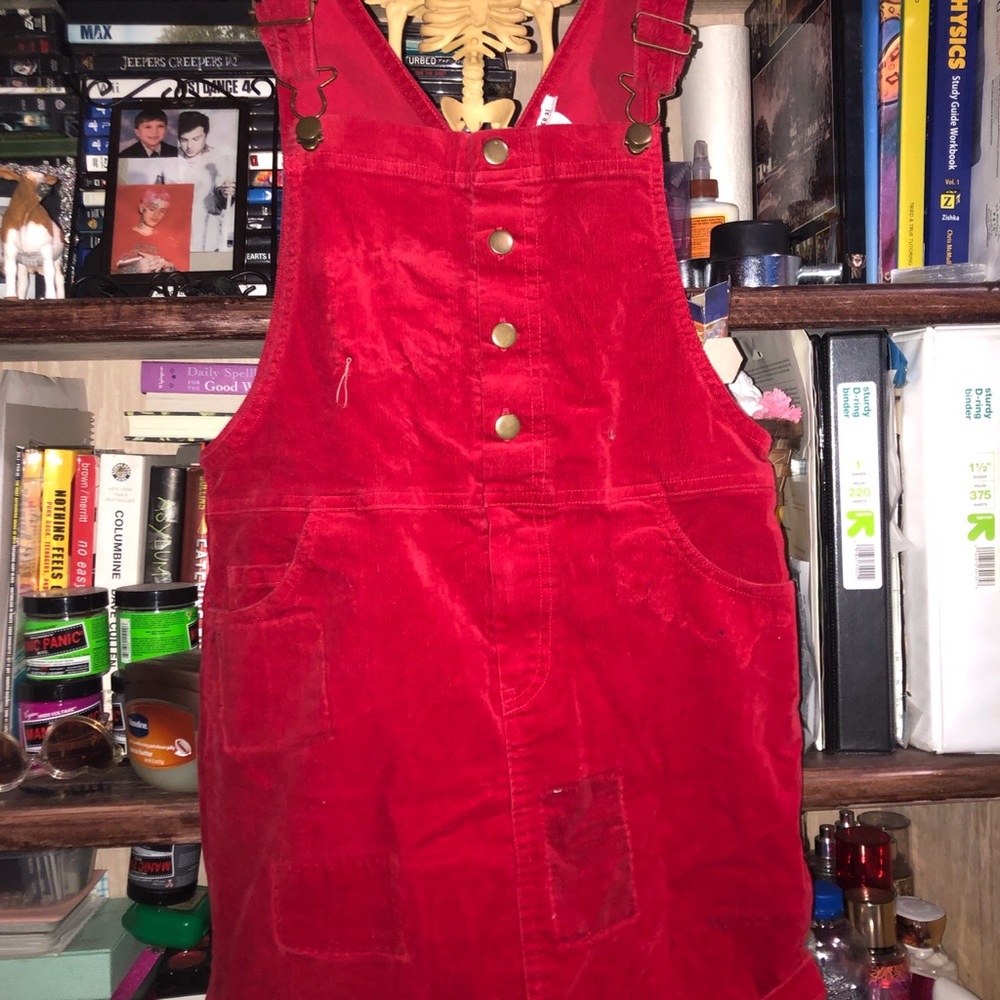 red overall dress